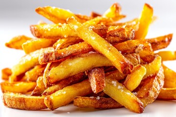 Crispy golden fries piled high on a white plate, showcasing their enticing texture and flavor