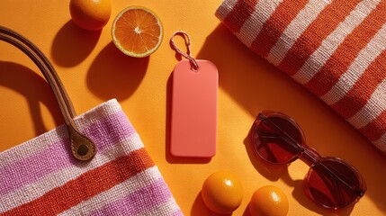 A vibrant flat lay arrangement features summer accessories including a striped bag, sunglasses, and fresh oranges