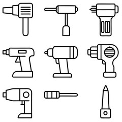 Black outline icon set of construction power tools