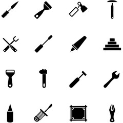 Monochrome toolkit icons collection featuring assorted tools and instruments