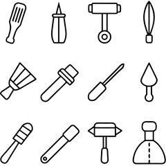 Collection of various outlined artisan tools on white background