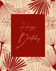 Elegant Happy Birthday greeting in red and beige tones. Outline flowers doodle. Vector illustration © MarhaRyta