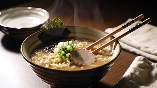 Steaming bowl of ramen with toppings on a wooden table