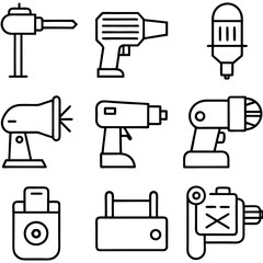 Outlined set of machinery and tooling equipment iconographs