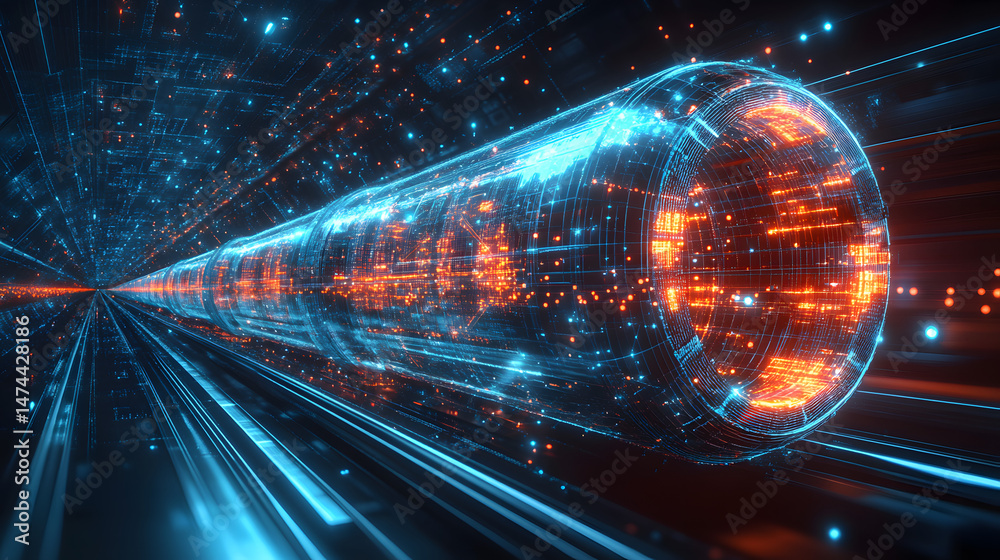 Aufkleber Futuristic data stream tunnel with glowing blue grids and orange data points. Represents high-tech connectivity and rapid information transfer. Abstract wireframe in dark blue.