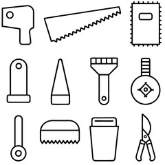 Outlined construction and gardening tools on a white background