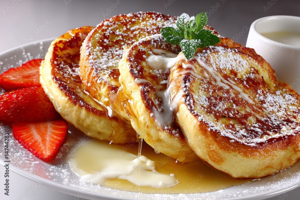 Poster delicious stack of golden-brown french toast served with strawberries and a drizzle of syrup