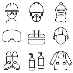 Outlined safety equipment icon set for construction and industrial