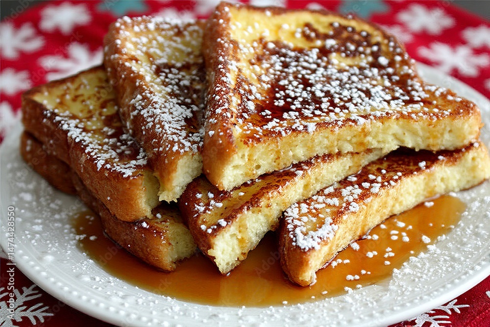 Aufkleber delicious french toast stack topped with powdered sugar and syrup served on a festive table