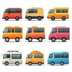 Collection of colorful van illustrations in various designs and colors against a simple background
