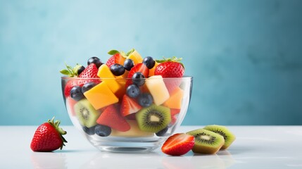 A colorful fruit salad with strawberries, blueberries, kiwi, and mangoes in a clear glass bowl on a white table against a blue background.