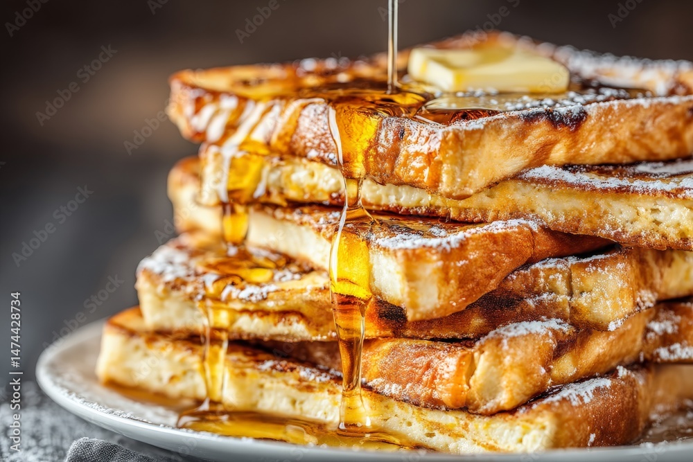Poster Delicious stack of french toast drizzled with syrup and topped with butter during a cozy breakfast setting