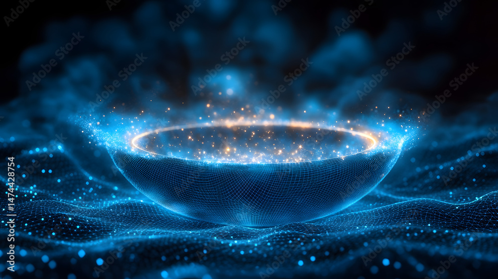Poster Futuristic scene featuring a glowing blue wireframe bowl with a golden ring and sparkling particles. The wavy base adds texture to this abstract wireframe in dark blue.