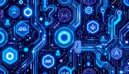 Abstract Futuristic Technology Background:  Glowing Circuit Board with Hexagonal Icons
