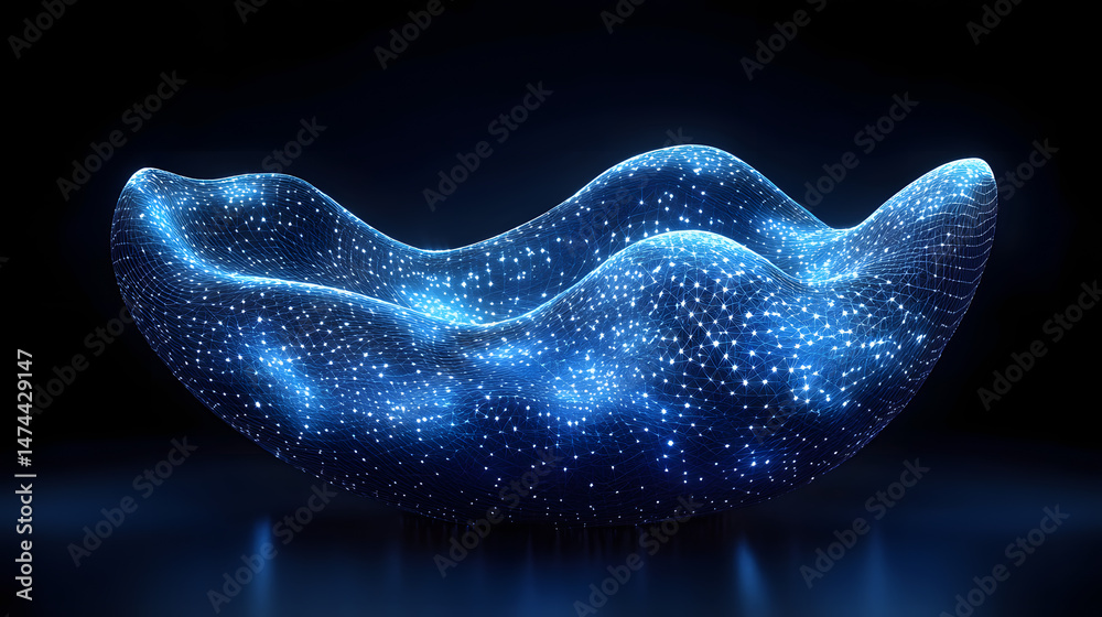 Poster Futuristic abstract bowl of interconnected blue lines glows on a dark surface. Star-like nodes enhance its wavy, digital form. Abstract wireframe in dark blue.