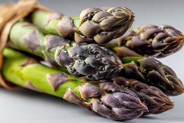 Fresh asparagus in a bundle ready for preparation in a kitchen setting during spring season