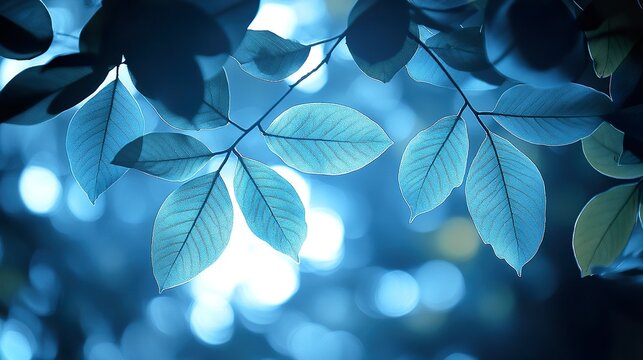 green leaves on blue background