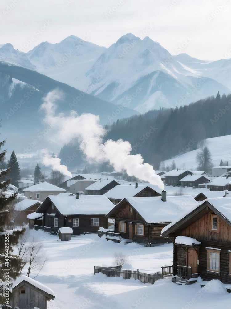 Poster 雪に覆われた家の村と背景に山々がある冬の風景 オーストリアの伝統的な村の木々 穏やかな日