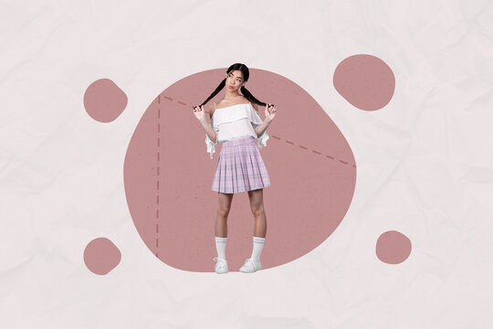 Fototapeta Surreal poster collage of person stand look in geometric circle with measure dots on grey background