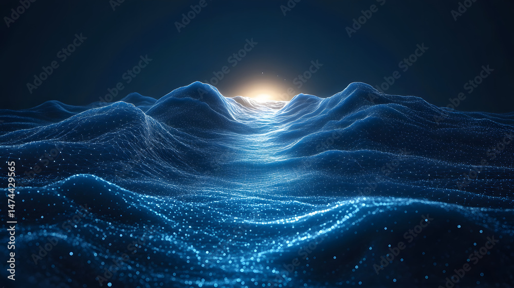 Poster a digital sunrise illuminates a network of blue, pointillistic mountains. the glowing horizon create
