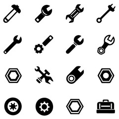 Black and white tools icons for automotive and maintenance