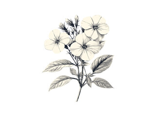 Hand-drawn phlox flower sketch, antique floral engraving, vintage botanical motif, retro garden art print, black line decor, trendy illustration style, wildflower wall print,