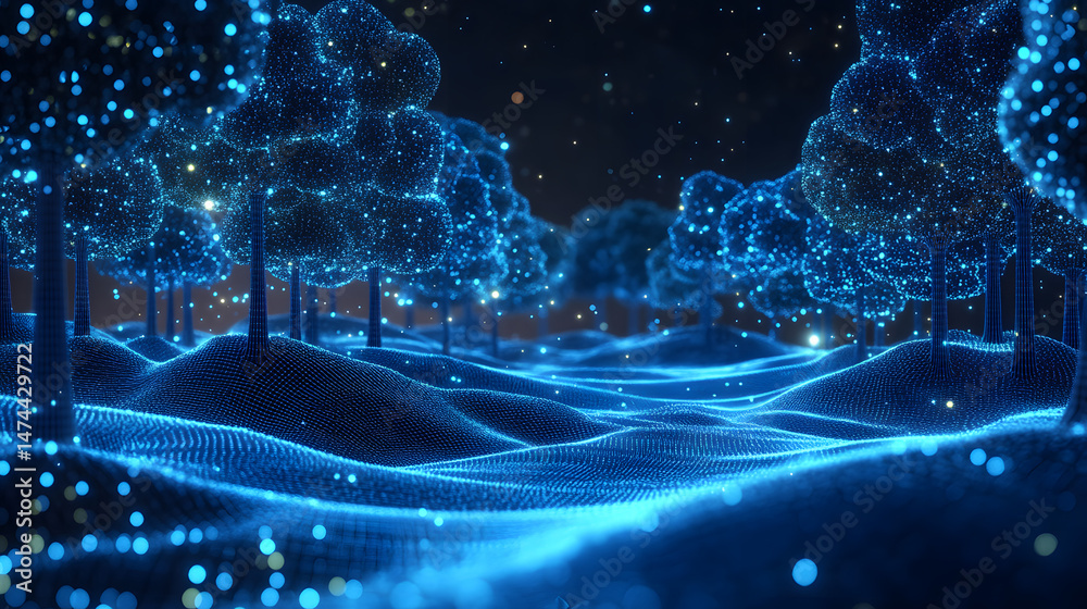 Poster futuristic blue landscape featuring digital trees and glowing particles. the dark background enhance