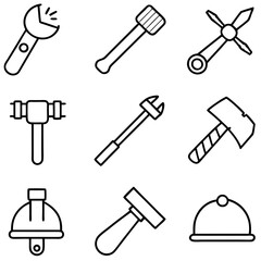 Black line art of various hand tools and hardhats
