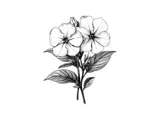Phlox bloom floral sketch, hand-drawn vintage engraving, botanical garden art, antique black motif, engraved wildflowers, trendy nature decor, rustic wall print, retro home style,