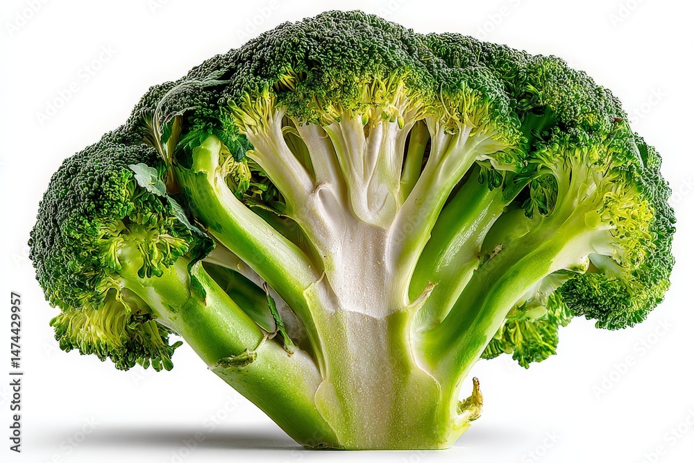 Poster fresh broccoli with vibrant green florets and sturdy stems displayed against a plain background