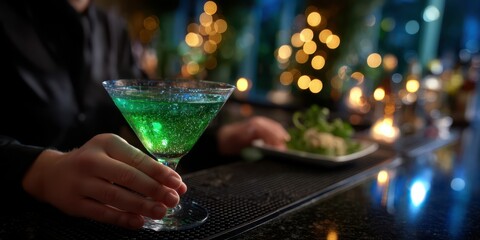 Bartender serving a vibrant green cocktail at an upscale bar during an evening gathering