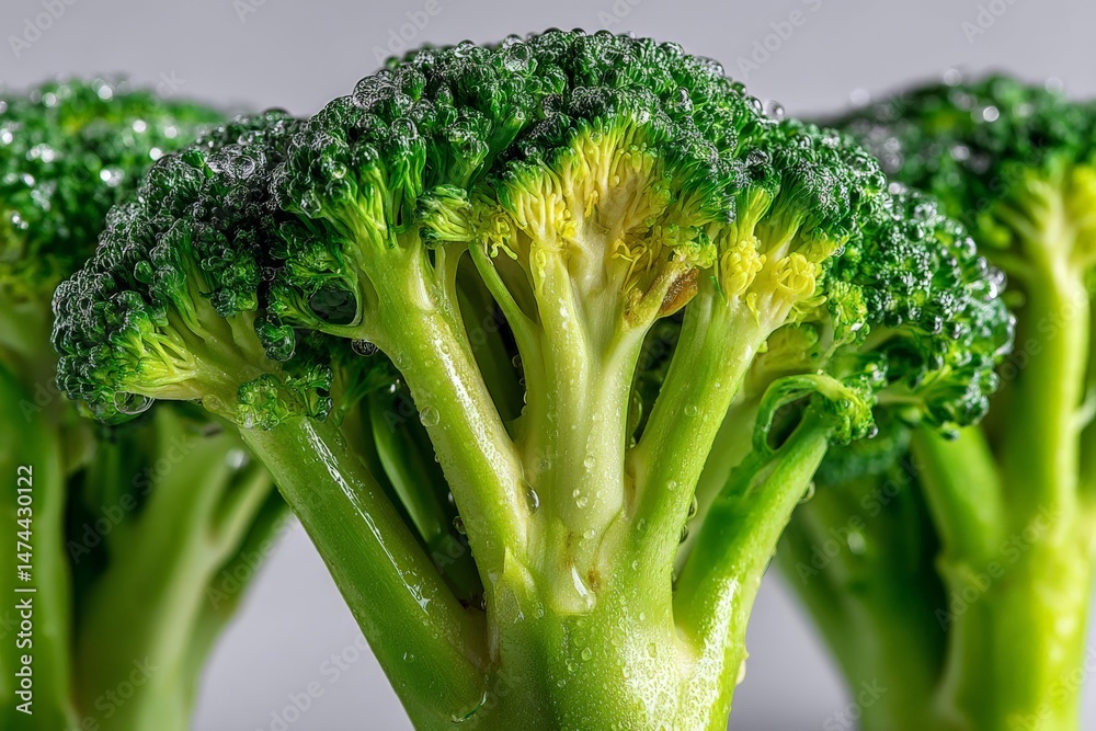 Poster fresh broccoli with water droplets on a gray background showcases its vibrant color and texture