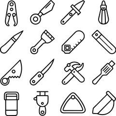 Line art assortment of tools and hardware equipment vector
