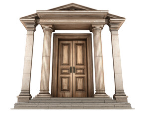 Fototapeta premium Grand wooden entrance with intricate carvings and elegant columns, showcasing classic architectural design. This impressive doorway invites curiosity and admiration
