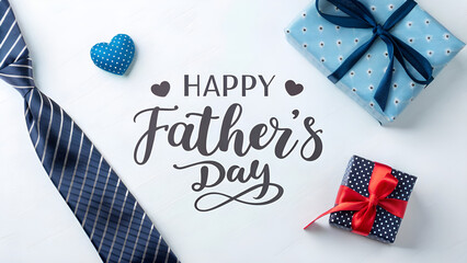 Fototapeta premium Happy Father's Day Background with Gift Boxes, Tie, and Calligraphy Design