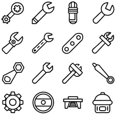 Outline icons showcasing various hand tools and repair equipment