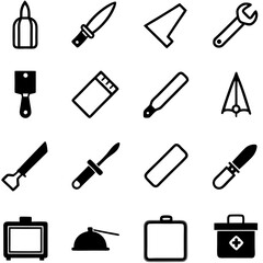 Outline icons of various tools and containers collection