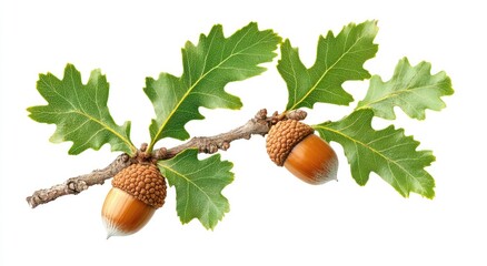 Two acorns on a branch with lush green leaves