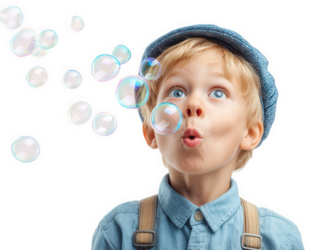 Child with joyful expression blowing bubbles, wearing blue cap and denim shirt, surrounded by floating bubbles. scene captures moment of playful innocence and wonder - Powered by Adobe