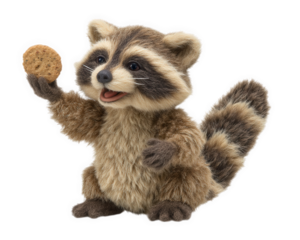 Cute raccoon doll with playful expression is joyfully holding cookie, showcasing its adorable features and fluffy fur. This charming figure brings sense of whimsy and delight