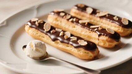 チョコレートアイシングアーモンドスライス付きのクリーム入りエクレアと白い皿の上でアイスクリームスクープのスプーンのクローズアップ