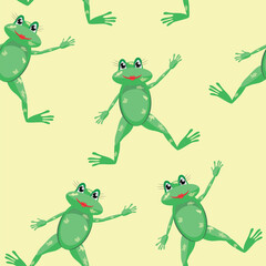 Seamless vector pattern featuring a cute cartoon frog on a light yellow background. This adorable and playful design is perfect for kids’ clothing, wallpapers, packaging, fabric, stationery, or party 
