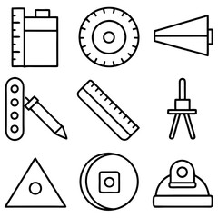 Technical outline drawing of measurement tools and geometric shapes