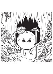 Coloring book orange explorer with a pickaxe and treasure chest entering a cave
