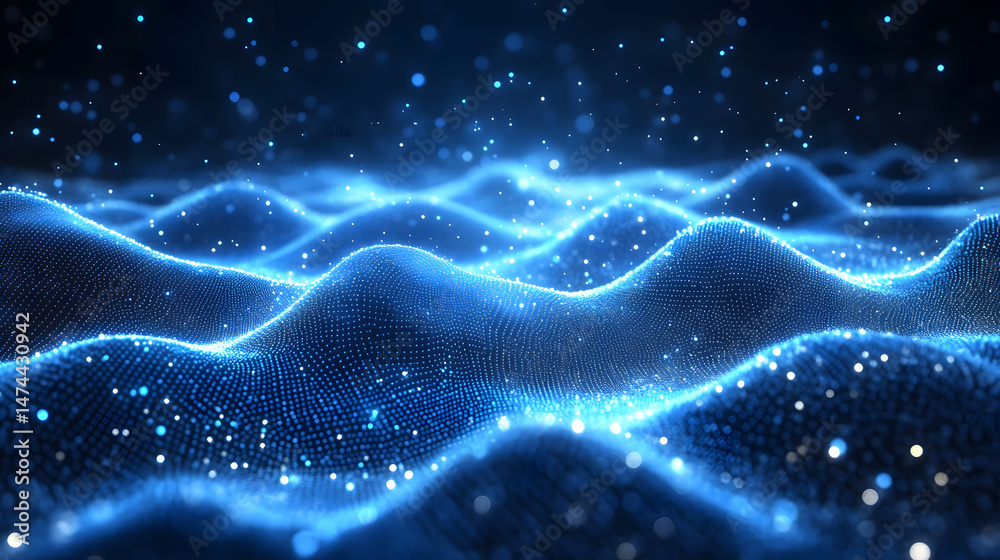 Aufkleber Ethereal digital landscape of undulating blue particles. Bokeh lights create a futuristic, abstract wireframe in dark blue, ideal for tech and data visualizations. Perfect abstract.