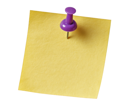 Vibrant yellow sticky note is pinned with purple pushpin, creating cheerful and organized look. This captures essence of office supplies and creativity, perfect for reminders or notes