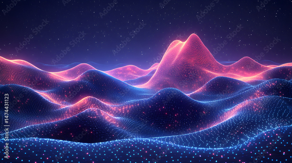 Poster surreal digital landscape with glowing grid waves under a starry night. blue and red hues create dep