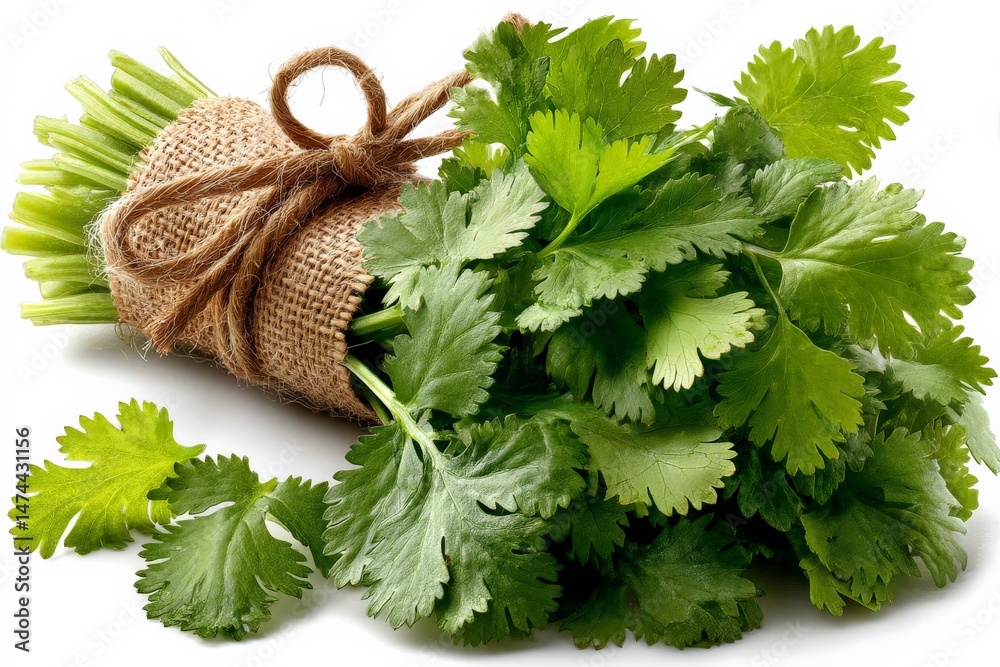 Poster fresh cilantro bundle tied with twine on a clean white background perfect for culinary use and garni