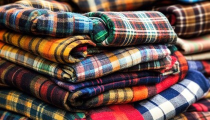 Pile of folded plaid-patterned fabrics in various colors.