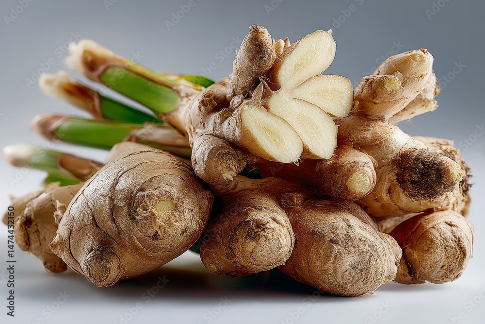 Poster fresh ginger roots close up showcasing intricate texture and vibrant green shoots in a clean backgro